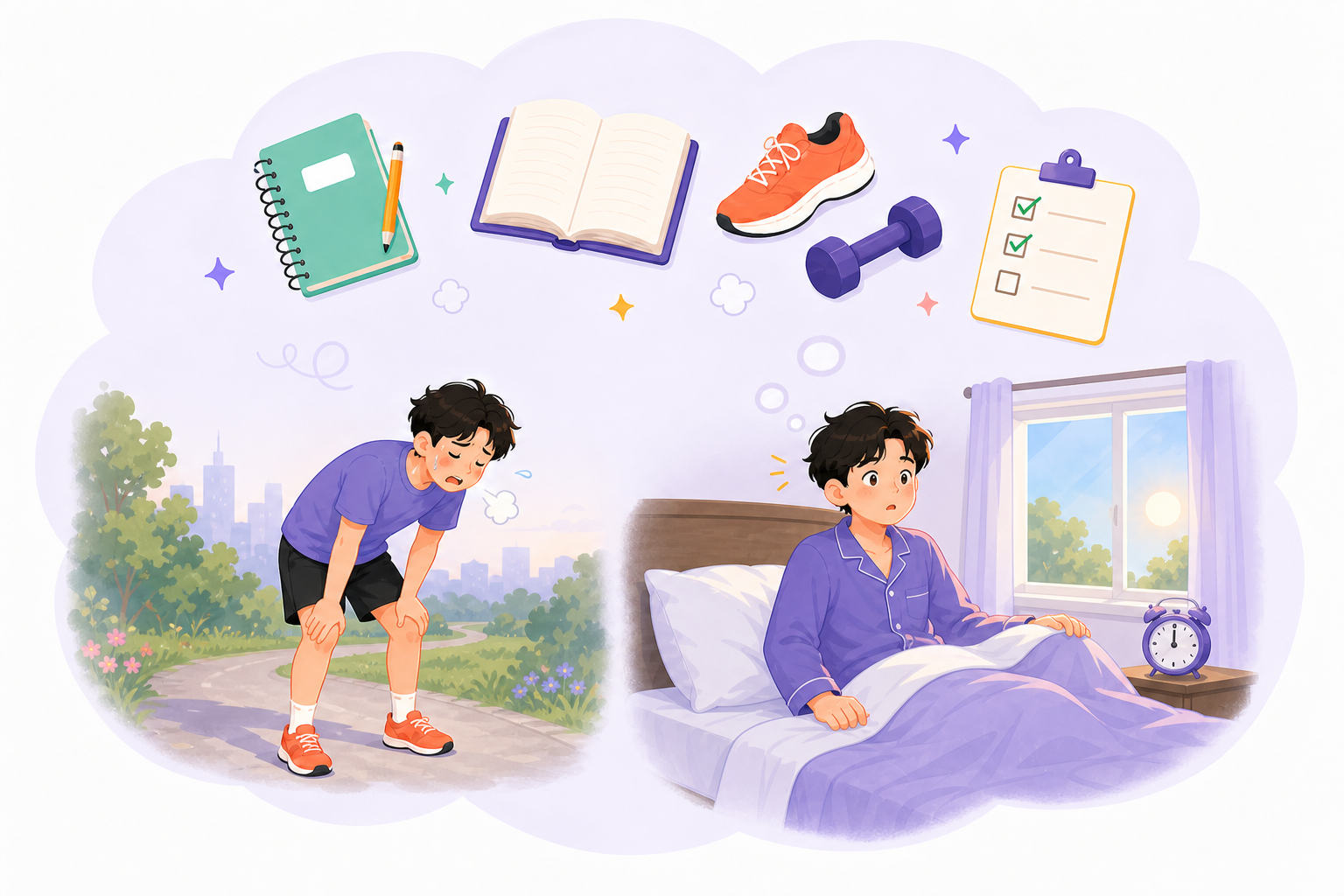 A single thought cloud with journaling, reading, exercise, and checklists, alongside someone who is exhausted from trying alone and someone waking up late