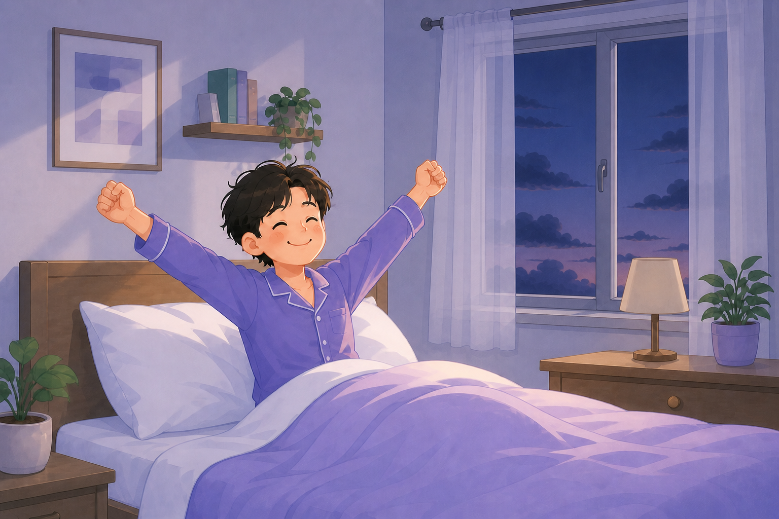 A person smiling and stretching in bed at dawn