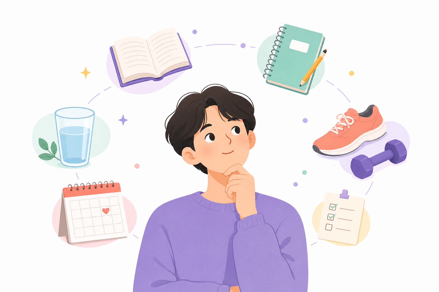 An illustration of someone wondering about good habits, with symbols of journaling, reading, exercise, and small routines