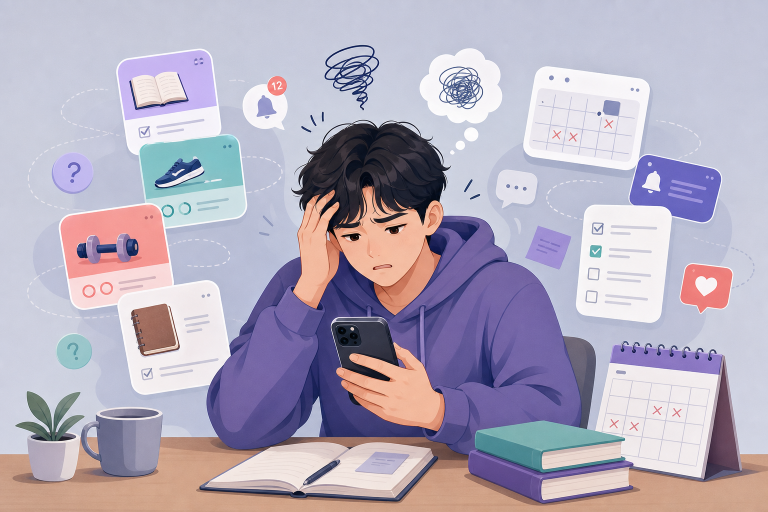 An illustration of someone overwhelmed by habit-tracking apps and notifications