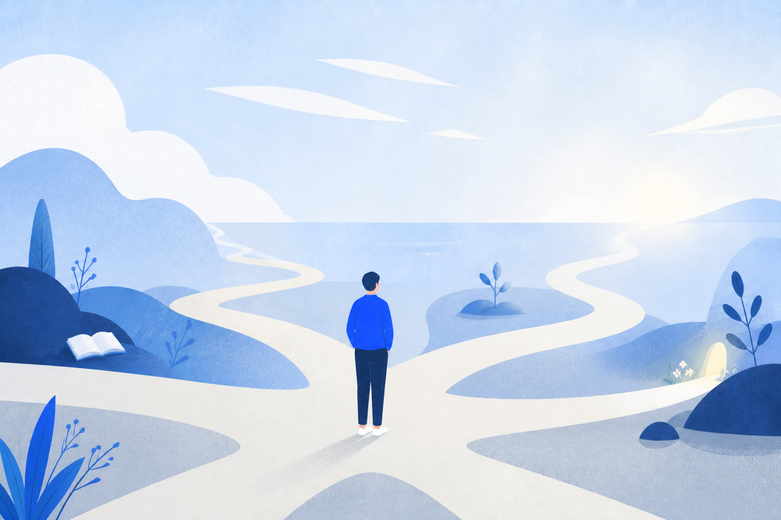 An illustration of a person choosing a meaningful path among several roads toward a better life