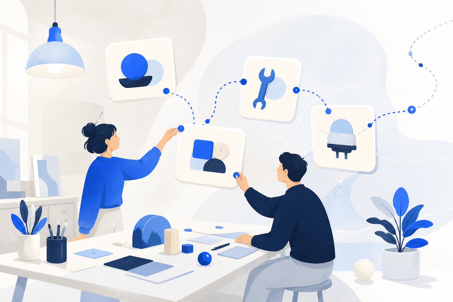 An illustration of people connecting ideas and tools to create new solutions