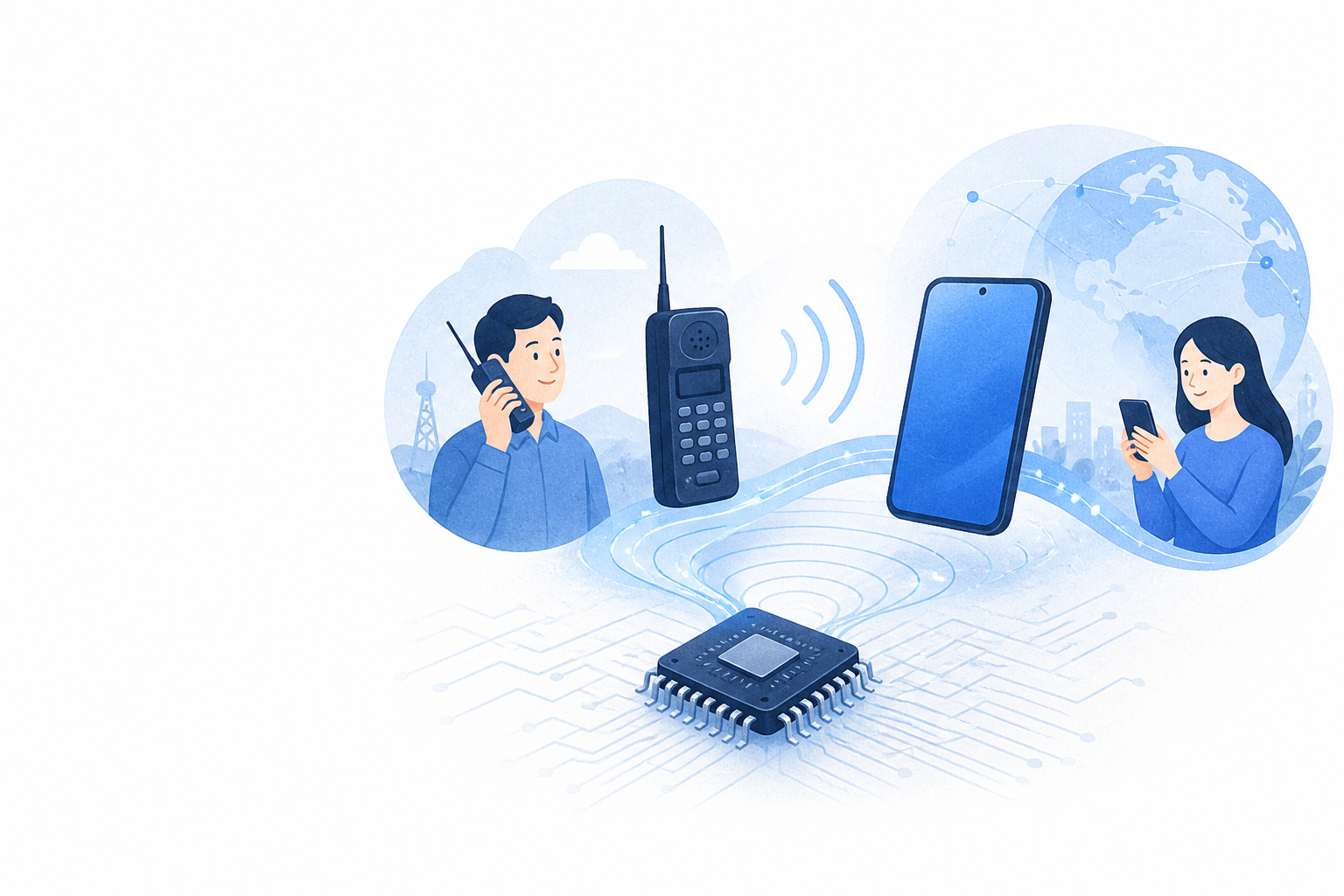 An illustration of wireless communication semiconductors, phones, and smartphones connecting people and the world