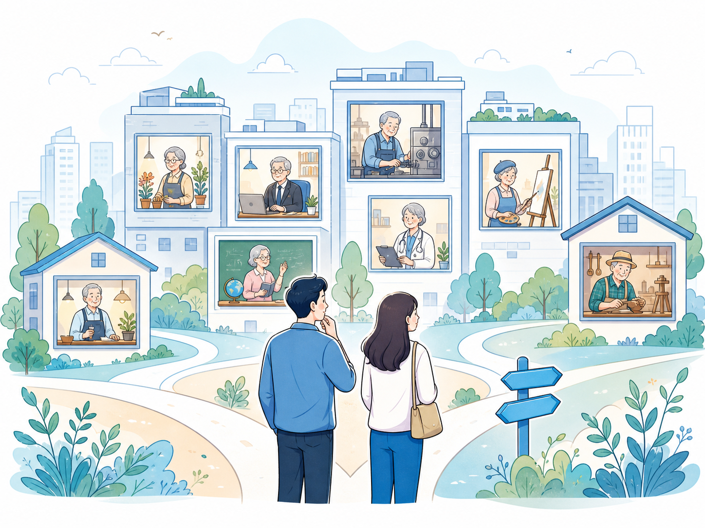 다양한 삶의 길을 바라보는 젊은 세대 일러스트