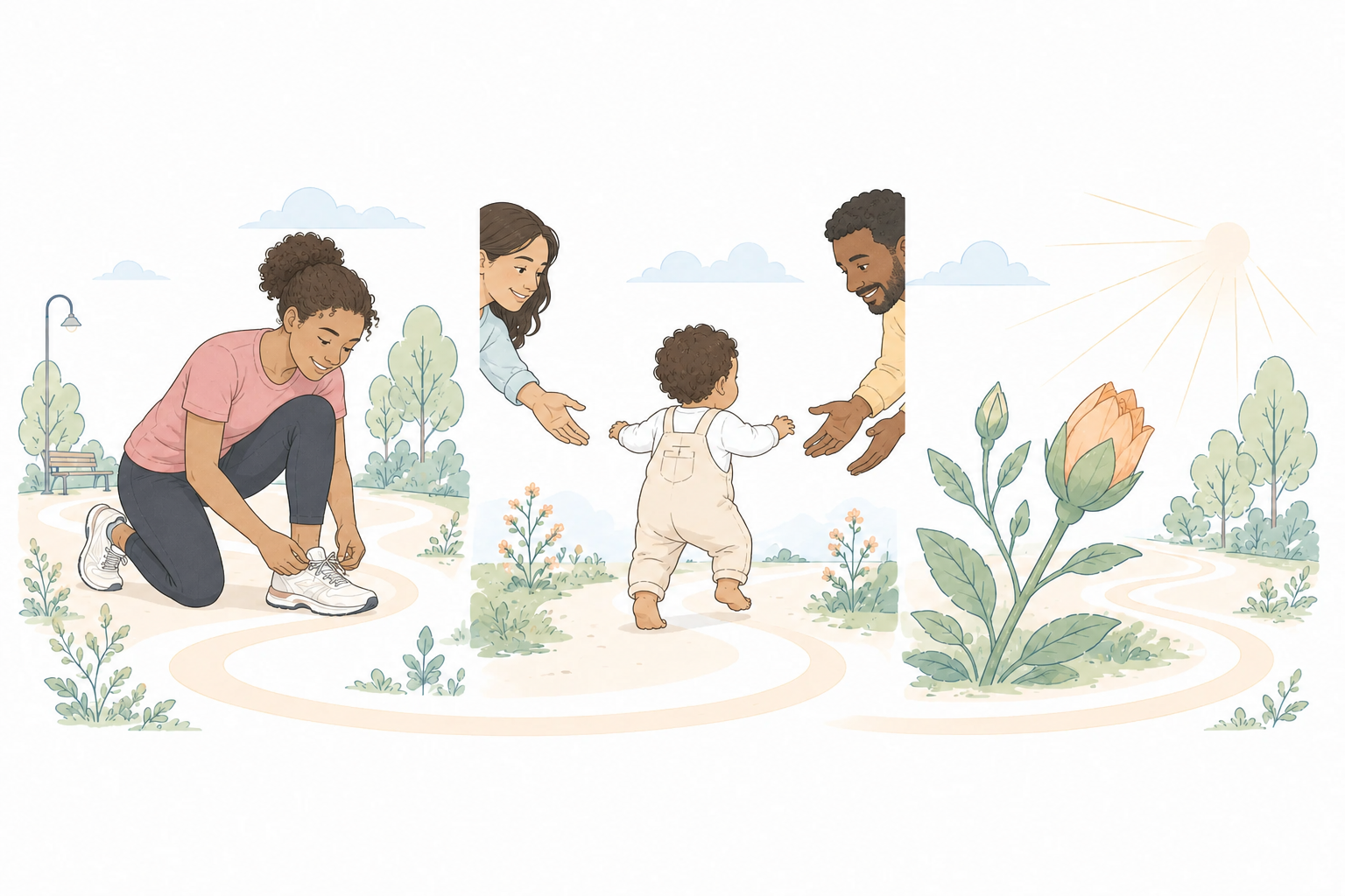 Different people continuing their journeys through exercise, growth, and nature